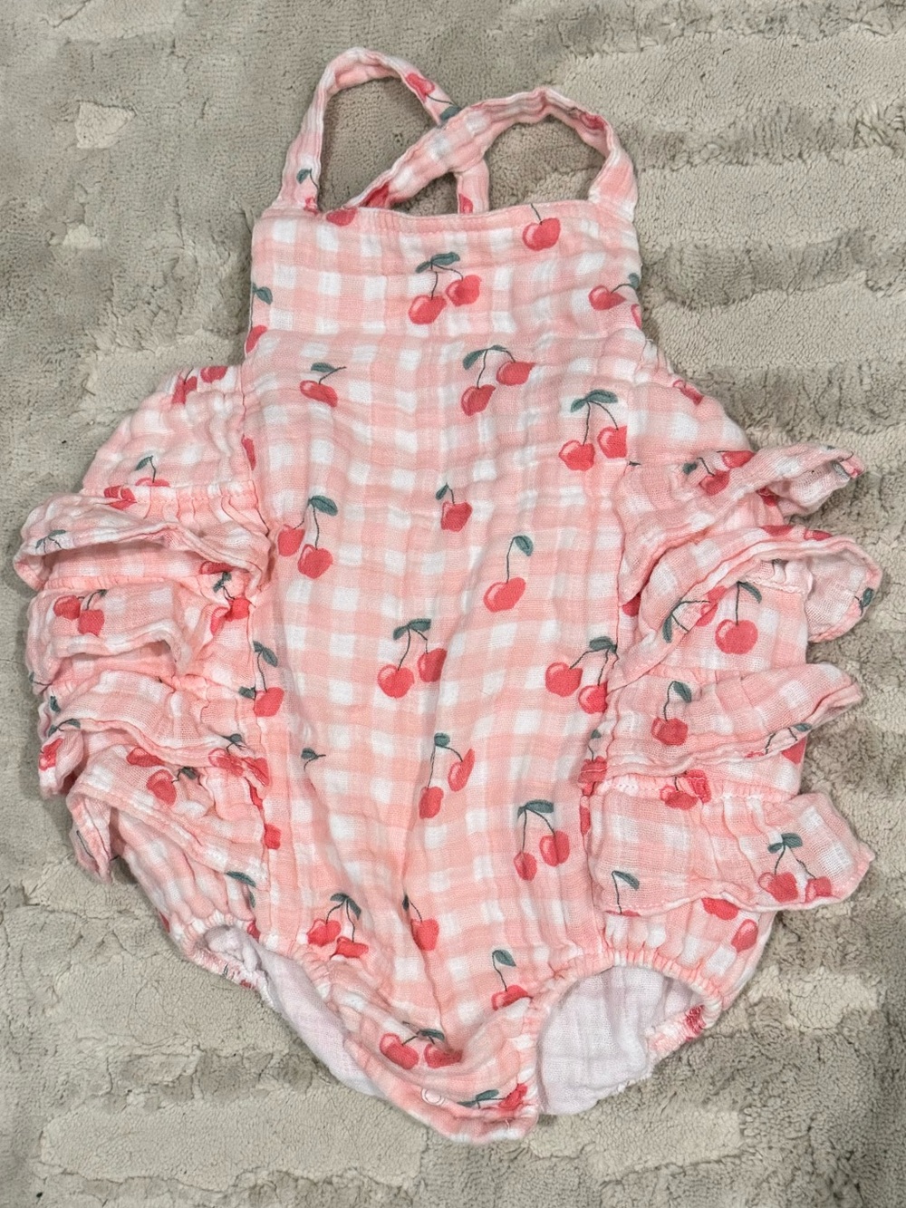 SIIX Pink Gingham Cherry Ruffle Baby Romper (100% Cotton)